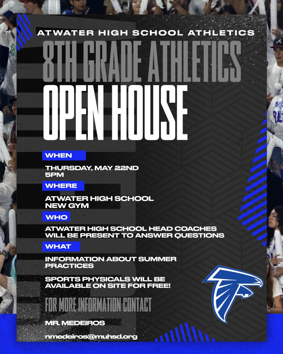 AHS Athletics Open House for incoming 9th graders attending Atwater HS in Fall of 2025

Thursday May 22nd
AHS New Gym
5pm

Physicals available for FREE

Must have District physical form signed + home campus completed to receive physical

youtube.com/watch?v=eKivob…

<a href="/AtwaterFalcons/">Atwater High School</a>
