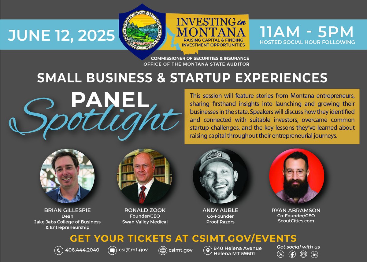BrownCSIMT's tweet image. Join us on June 12, 2025, for the Small Business & Startup Experiences Panel Spotlight at the Investing in Montana event! Hear firsthand stories from Montana entrepreneurs sharing insights on launching and growing successful businesses, overcoming challenges, and raising capital.…