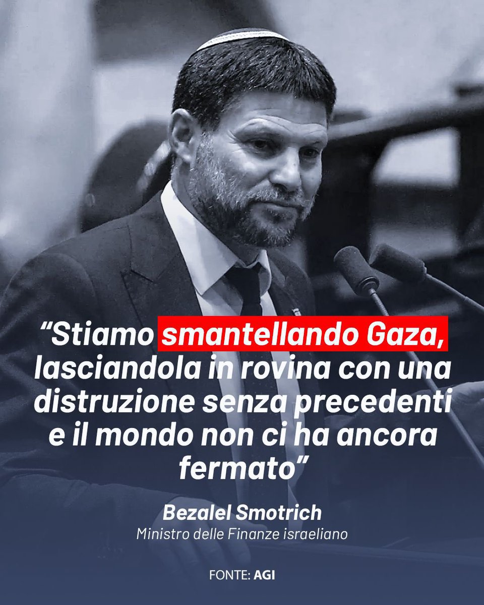 "Stiamo smantellando Gaza, lasciandola in rovina con una distruzione senza precedenti e il mondo non ci ha ancora fermato. I cittadini di Gaza riceveranno una pita e un piatto di cibo, e questo è tutto" per "permettere al mondo di continuare a fornirci protezione internazionale".