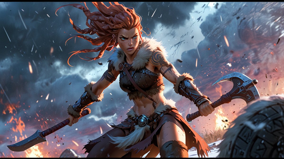 GreenOgre120's tweet photo. Dual wielding⚔️
She charges with fire in her eyes and a blade in each hand—no shield, no fear. ⚔️⚔️
A dual-wielding Valkyrie carving her own saga.
Want more battle-born beauty? It’s waiting in my BIO.
#VikingQueen #DualWielder #FierceAndFree #CheckMyBio https://t.co/oIgiGWQYd5