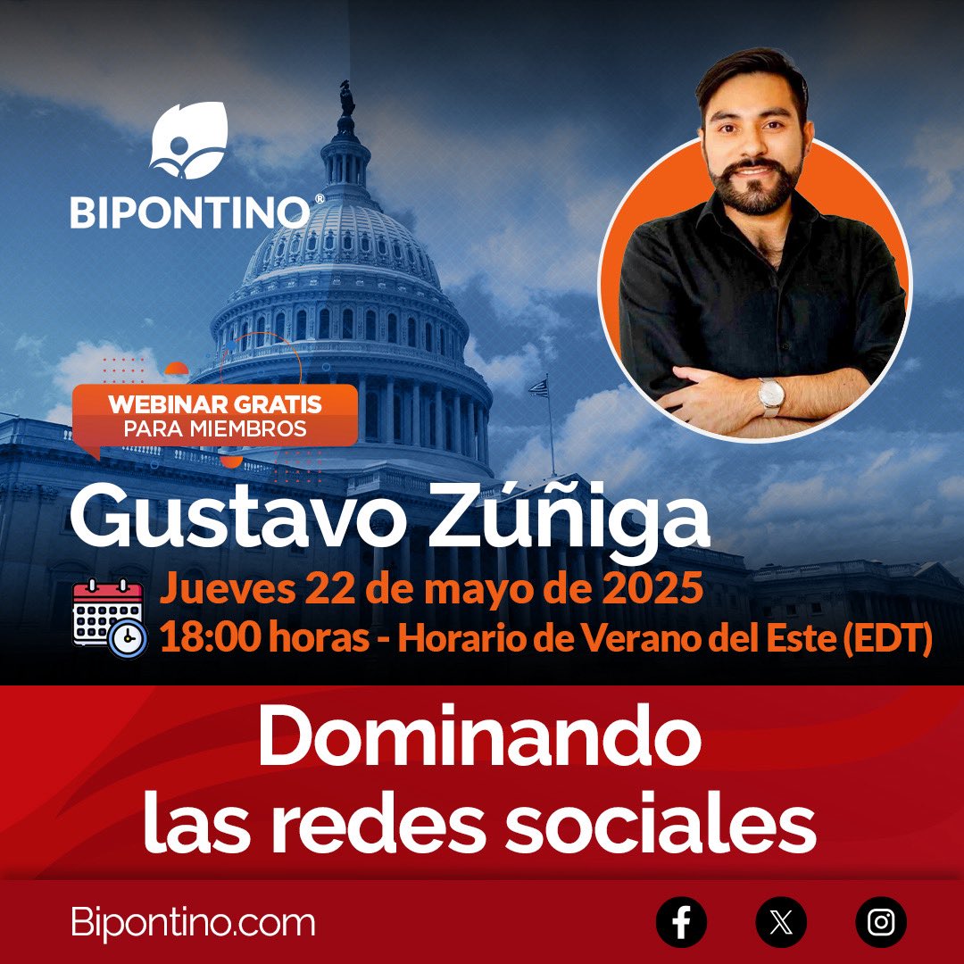 📣 Webinar GRATIS para miembros.
🎁 Reclama tu membresía GRATIS por 1 mes aquí:
🔗 patreon.com/BIPONTINO/rede…

Regístrate al webinar:
🔗 meeting.zoho.com/meeting/regist…

💻 Webinar con <a href="/GustavoZunigaC/">Gustavo Zúñiga</a> 
📊 Tema: Dominando las redes sociales
📅 Jueves 22 de Mayo
⏰ 18:00pm (EDT)

#Compol
