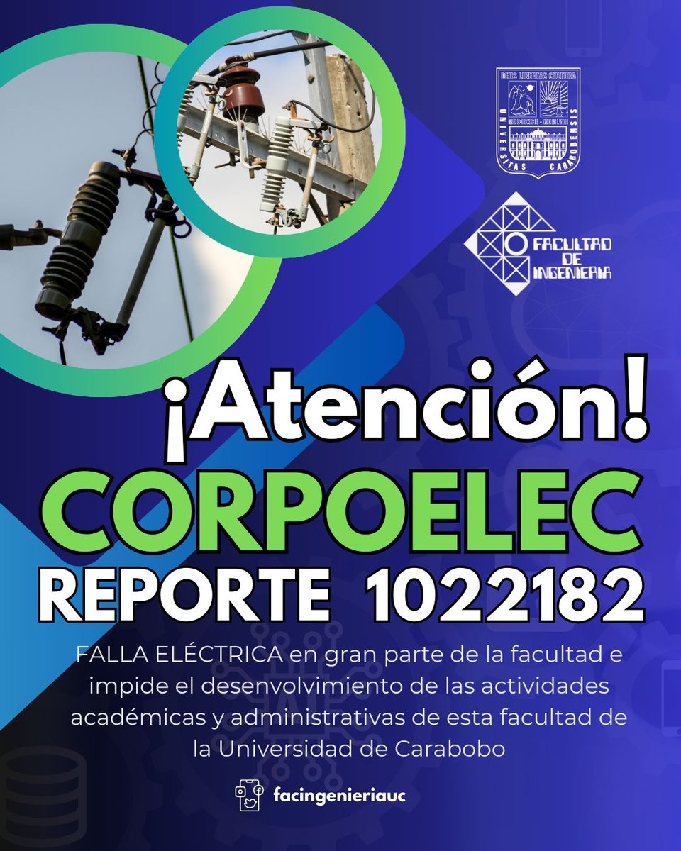 🚨 ¡Urgente!
Falla eléctrica en la Facultad de Ingeniería UC (Reporte #1022182) desde el sábado 17 de mayo.

Solicitamos el apoyo inmediato de <a href="/CorpoelecInfo/">Corpoelec Informa</a> para normalizar las actividades.

#IngenieríaUC #Corpoelec