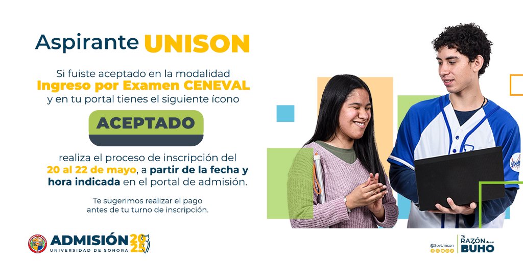 Aspirante, si fuiste aceptado en la modalidad ingreso por examen CENEVAL, realiza la inscripción a partir de la hora y fecha indicada en el portal de admisión: admision.unison.mx
#AdmisiónUnison