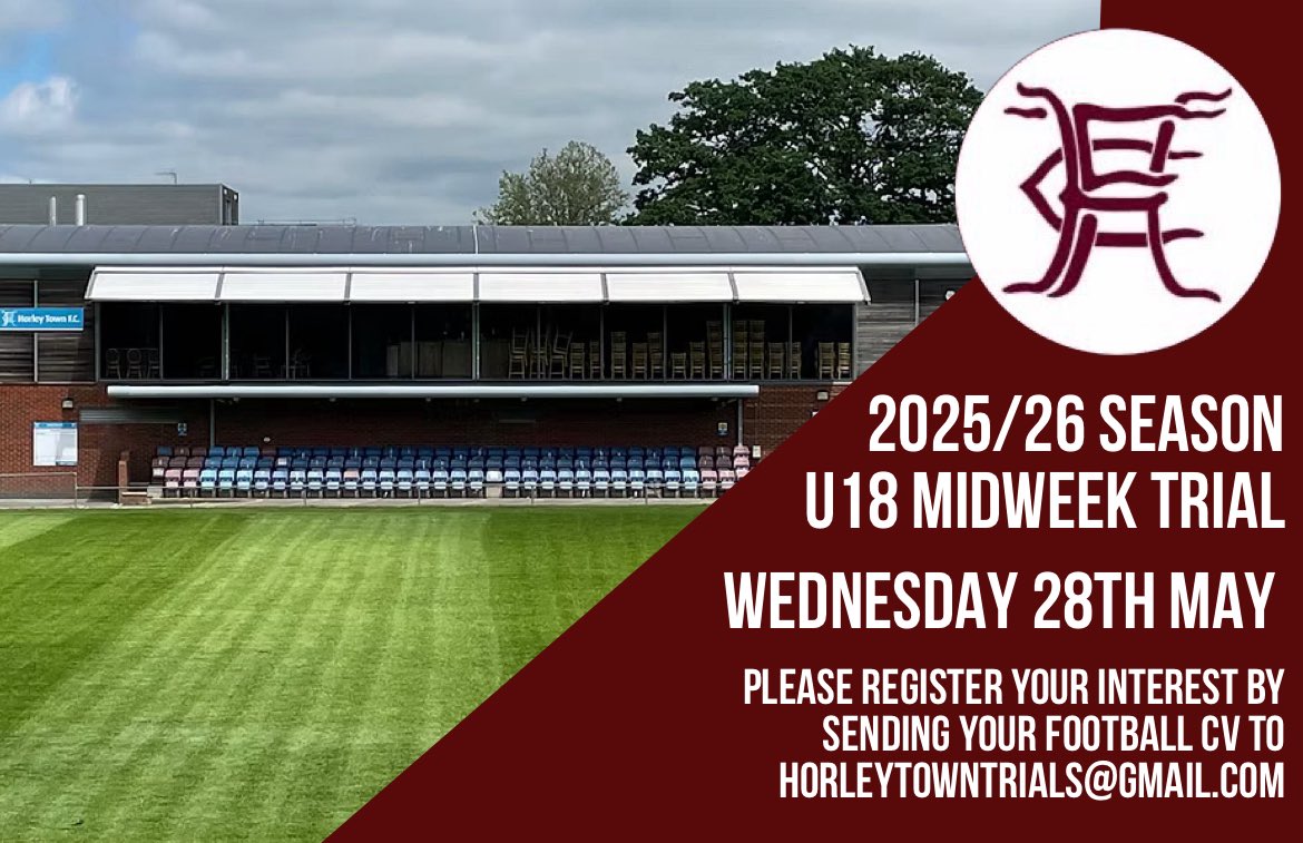 🚨U18 Trial Alert🚨

Our cup-winning midweek U18 side are holding trials for the new 25/26 season on 28th May.

After a successful 1st season together they’re looking for the next batch of youngsters to support our U23 &amp; 1st teams.

Email horleytowntrials@gmail.com to register!