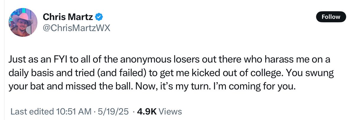 Balls McGee (@balls95652097) on Twitter photo The kid <a href="/ChrisMartzWX/">Chris Martz</a> continues to whine incessantly about being harassed, after years of constantly harassing actual scientists. The kid <a href="/ChrisMartzWX/">Chris Martz</a> continues to whine incessantly about being harassed, after years of constantly harassing actual scientists.