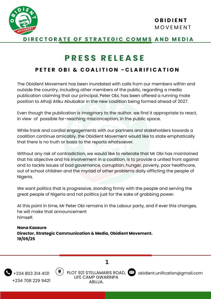 …at this point in time, Mr Peter Obi remains in the Labour Party.

Ire o✌🏽