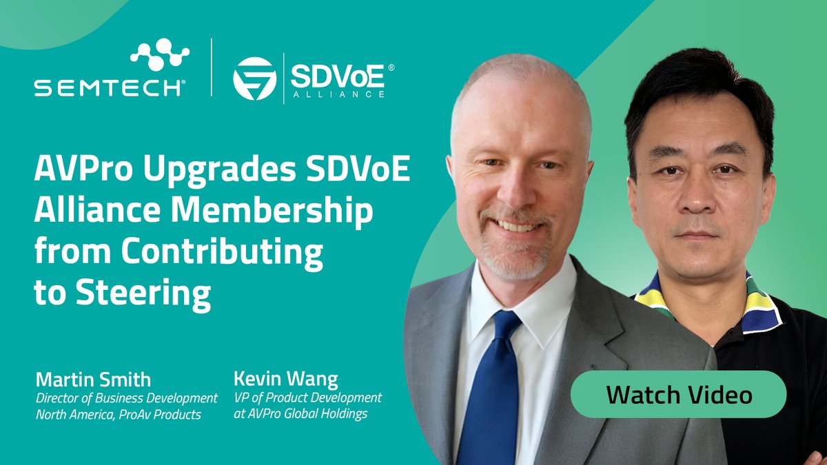 SemtechCorp's tweet image. Join Martin Smith and Kevin Wang as they discuss the strategic upgrade to #SDVoE Alliance's Steering level. Explore #AVPro Edge’s MXNet 10G platform, integrating AV, USB, KVM, and control signals over a 10 Gbps Ethernet network: hubs.la/Q03m-Ql80

#Semtech #ProAV