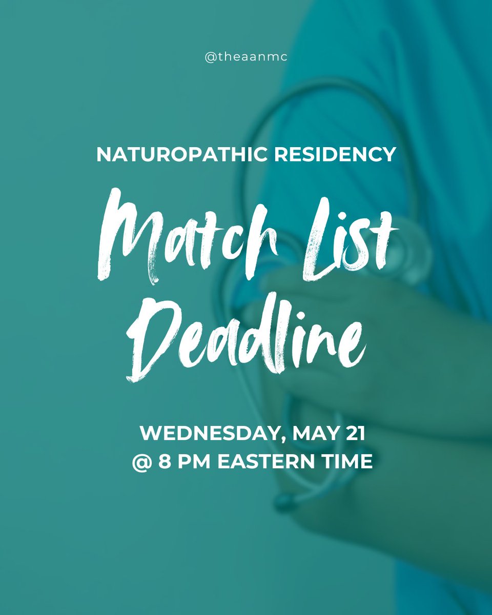 Residency applicants! Your Match (Rank) Lists are due on Wednesday, May 21 at 8 PM EASTERN TIME. Visit the Residency Portal for more information on how to complete your Match List.

#naturopathicresidency #natmedstudent #matchday