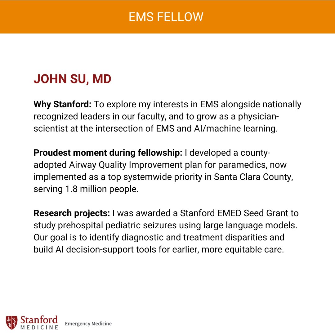StanfordEM (@stanfordemed) on Twitter photo 🚑 🩺 In honor of #EMSWeek, meet our #EMS Fellow, Dr. John Su!
➡️ Scroll to learn about one of his proudest fellowship moments, research highlights, and why he chose <a href="/StanfordEMED/">StanfordEM</a>!
#EmergencyMedicalServices #FellowSpotlight #MeetOurFellows #EMFellowship #EMSFellowship 🚑 🩺 In honor of #EMSWeek, meet our #EMS Fellow, Dr. John Su!
➡️ Scroll to learn about one of his proudest fellowship moments, research highlights, and why he chose <a href="/StanfordEMED/">StanfordEM</a>!
#EmergencyMedicalServices #FellowSpotlight #MeetOurFellows #EMFellowship #EMSFellowship