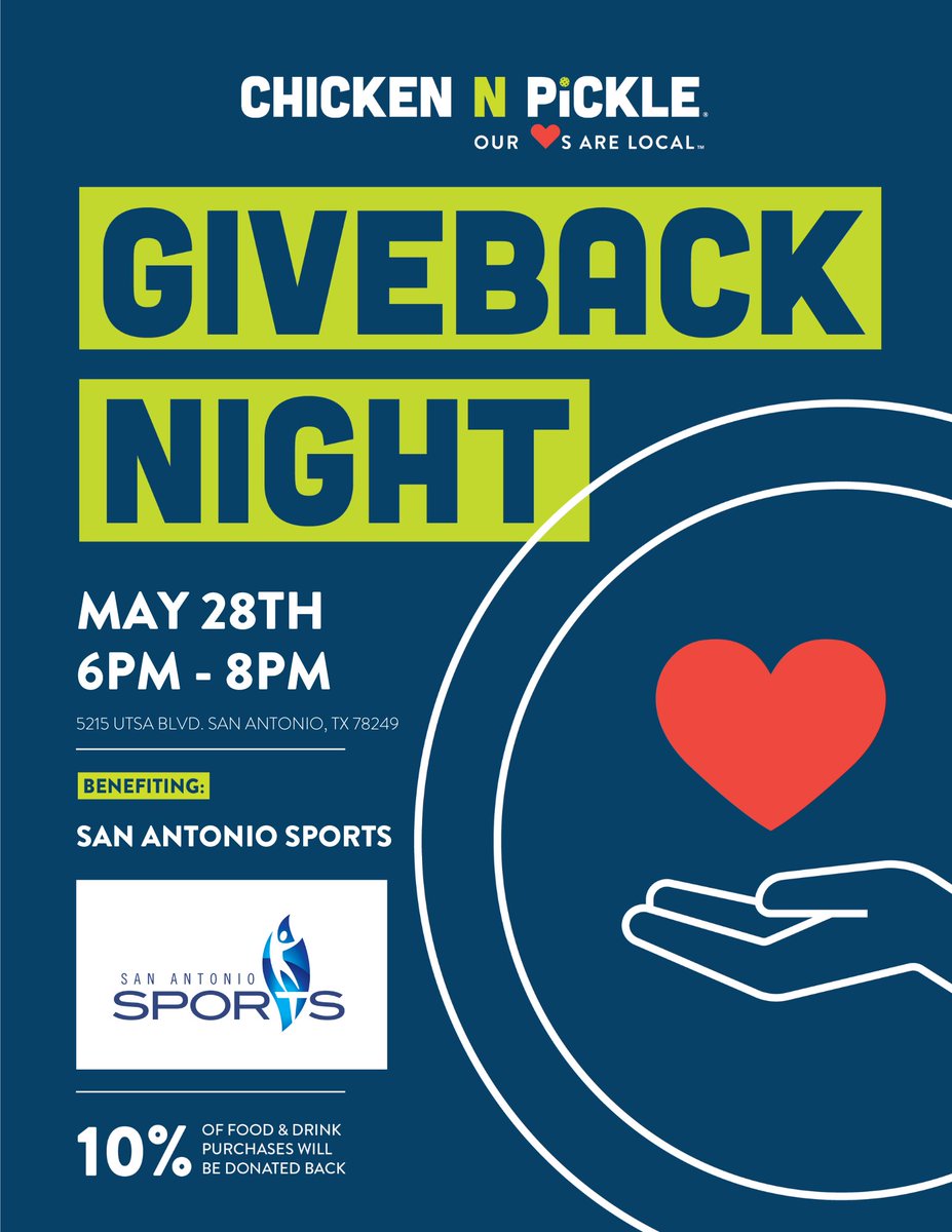 San Antonio Sports invites you to Give Back Night at Chicken N Pickle - San Antonio! 🥳

Give Back Night will take place from 6 PM - 8 PM on May 28th and 10% of all purchases will go back to San Antonio Sports! Join us for a fun night filled with good food and pickleball! 💙🏓