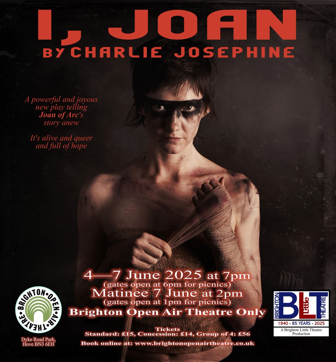 Brighton Little Theatre (@brighton_little) on Twitter photo Our next production is I, Joan by Charlie Josephine - a powerful and joyous new play telling Joan of Arc's story anew. It's alive and queer and full of hope.
Plays at <a href="/BOATheatre/">Brighton Open Air Theatre</a> only from Weds 4 - Sat 7 June @ 7pm, matinee on Sat 7 @ 2pm as well. Book @: brightonlittletheatre.com Our next production is I, Joan by Charlie Josephine - a powerful and joyous new play telling Joan of Arc's story anew. It's alive and queer and full of hope.
Plays at <a href="/BOATheatre/">Brighton Open Air Theatre</a> only from Weds 4 - Sat 7 June @ 7pm, matinee on Sat 7 @ 2pm as well. Book @: brightonlittletheatre.com