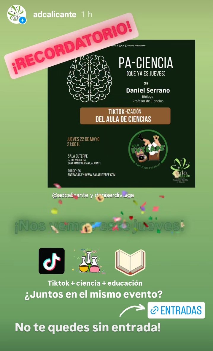 📣 Esta semana ya llega el Pa-Ciencia (que ya es jueves)! 🧠✨ El 22 a las 21h. en la <a href="/SalaEuterpe/">Sala Euterpe</a> estará Dani, profe de #Ciencias y estudiante de #ComunicaciónCientífica, que viene a contárnoslo TODO sobre #TikTok📱👇ENTRADAS AQUÍ 👇
entradas.salaeuterpe.com/web/?menu=1162… 
 #TikTokYEducación
