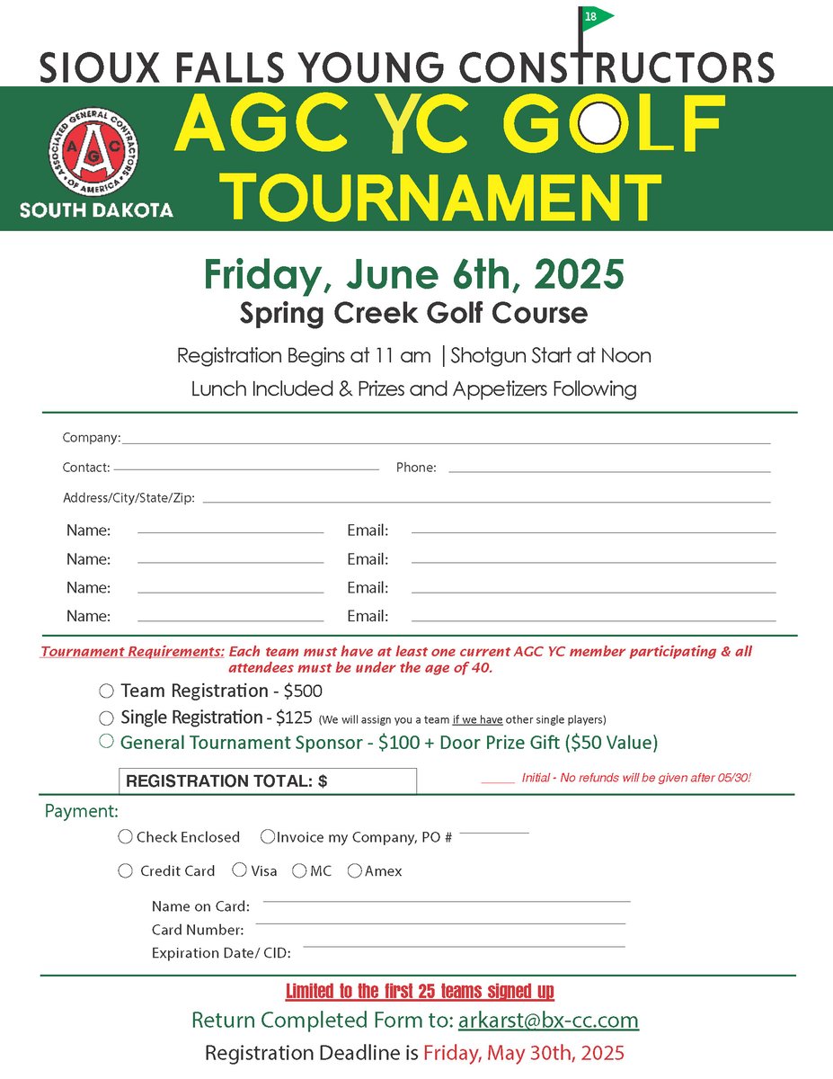 AGCofSD's tweet image. 🏌️‍♂️YC Golf Event ⛳

📅 June 6 | 📍Spring Creek GC
💵 $500/team | $125/individual
🔸 Must include 1 YC member
🔸 All under age 40

⏳Only 25 teams—register now!

#YCGolf2025 #AGCSouthDakota