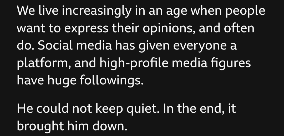TrilbeeReviews's tweet photo. This is so deeply fucked.

"He could not keep quiet. In the end, it brought him down."

The BBC needs urgent reform. Literally, clear out the entire News &amp; Current Affairs department. Start from scratch. They have lost the plot. All in the name of defending/denying genocide. https://t.co/euCpFaNnUu