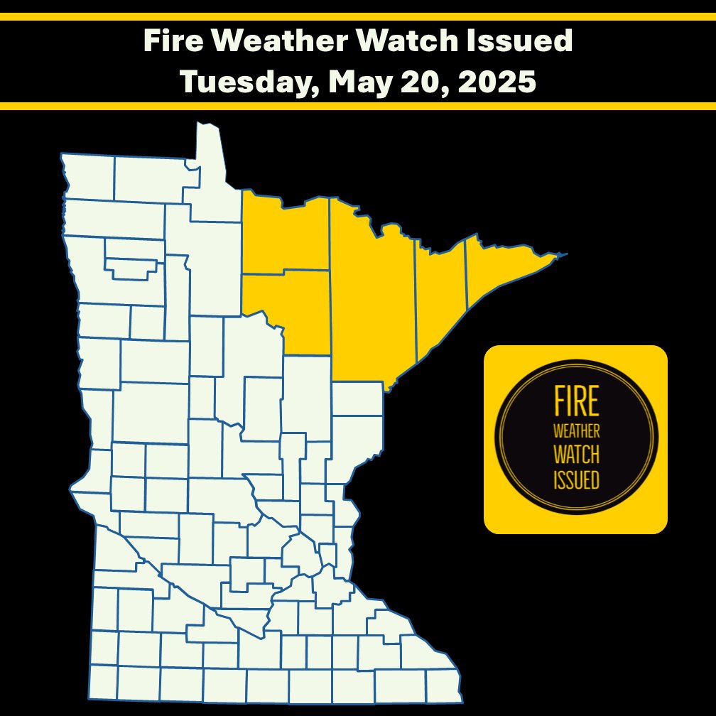 mnics's tweet image. ⚠️ Fire Weather Watch Issued⚠️
@NWS issued a FWW for NE MN 5/20/25. Critical fire weather is forecast with RH as low as 15-20% and E. winds gusting to 40 mph. Critical fire weather conditions can lead to potential red flag warning.
More weather updates @ weather.gov.