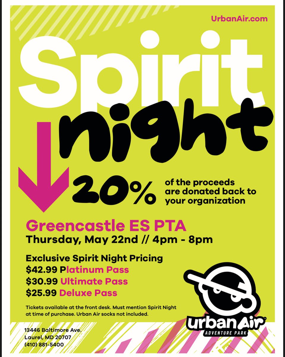Join us for our last FUNdraiser of the school year at our Family Fun Knight Out! This Thursday, May 22nd from 4-8pm at Urban Air located at 13446 Baltimore Ave
Laurel, MD  20707! We can’t wait to see you! Don’t forget to mention <a href="/GreencastleES/">Greencastle Elementary School</a> PTA at the register <a href="/PrincipalKJDean/">Kurshanna Dean</a>