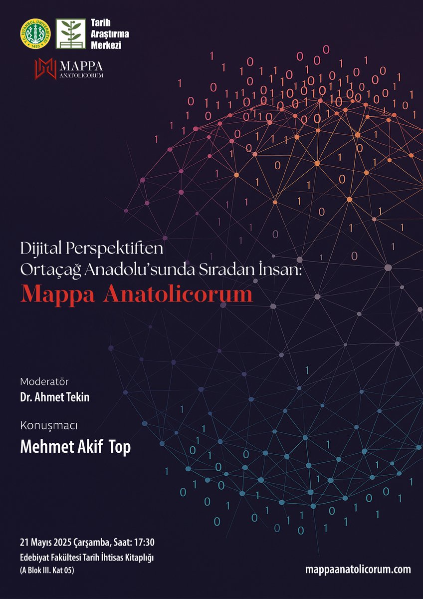 iueftam's tweet image. Tarih Araştırma Merkezi tarafından düzenlenecek olan Dijital Perspektiften Ortaçağ Anadolu'sunda Sıradan İnsan: Mappa Anatolicorum başlıklı toplatıya katılımlarınızı bekliyoruz.
📍İÜ Edebiyat Fakültesi Tarih İhtisas Kitaplığı
📅21 Mayıs 2025 Çarşamba 17.30
mappaanatolicorum.com