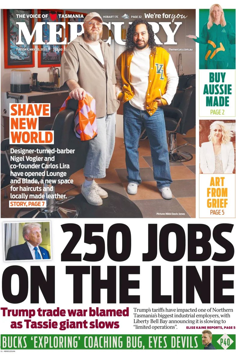 ★ 250 Jobs On The Line

▫Trump’s tariffs have impacted one of Northern Tasmania’s biggest industrial employers, with Liberty Bell Bay announcing it is slowing to “limited operations”.
▫<a href="/elise_kaine/">Elise Kaine</a>

#frontpagestoday #Tasmania <a href="/themercurycomau/">Mercury</a>