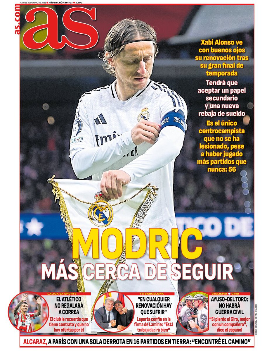 ✨📰 ¡Ya está aquí la #portadAS del martes, 20 de mayo!
🇭🇷 ¡Modric, más cerca de seguir!

🔗 suscripciones.as.com