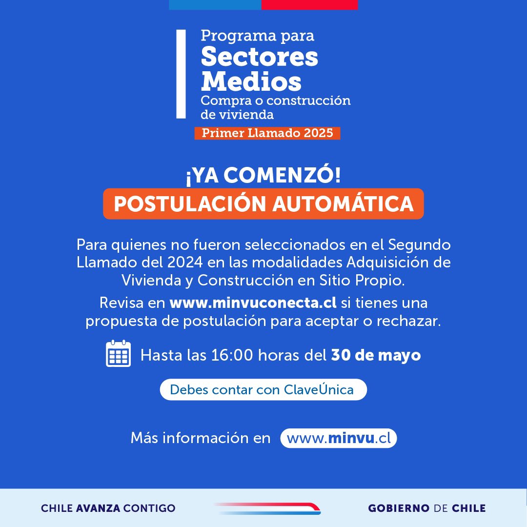 📣 Comenzó la Postulación Automática del Programa #SectoresMedios #DS1 🏠

👉 Para quienes postularon al 2° Llamado del 2024, en su modalidad adquisición de vivienda o construcción en sitio propio.

💻 Recuerda: debes contar con ClaveÚnica para postular.