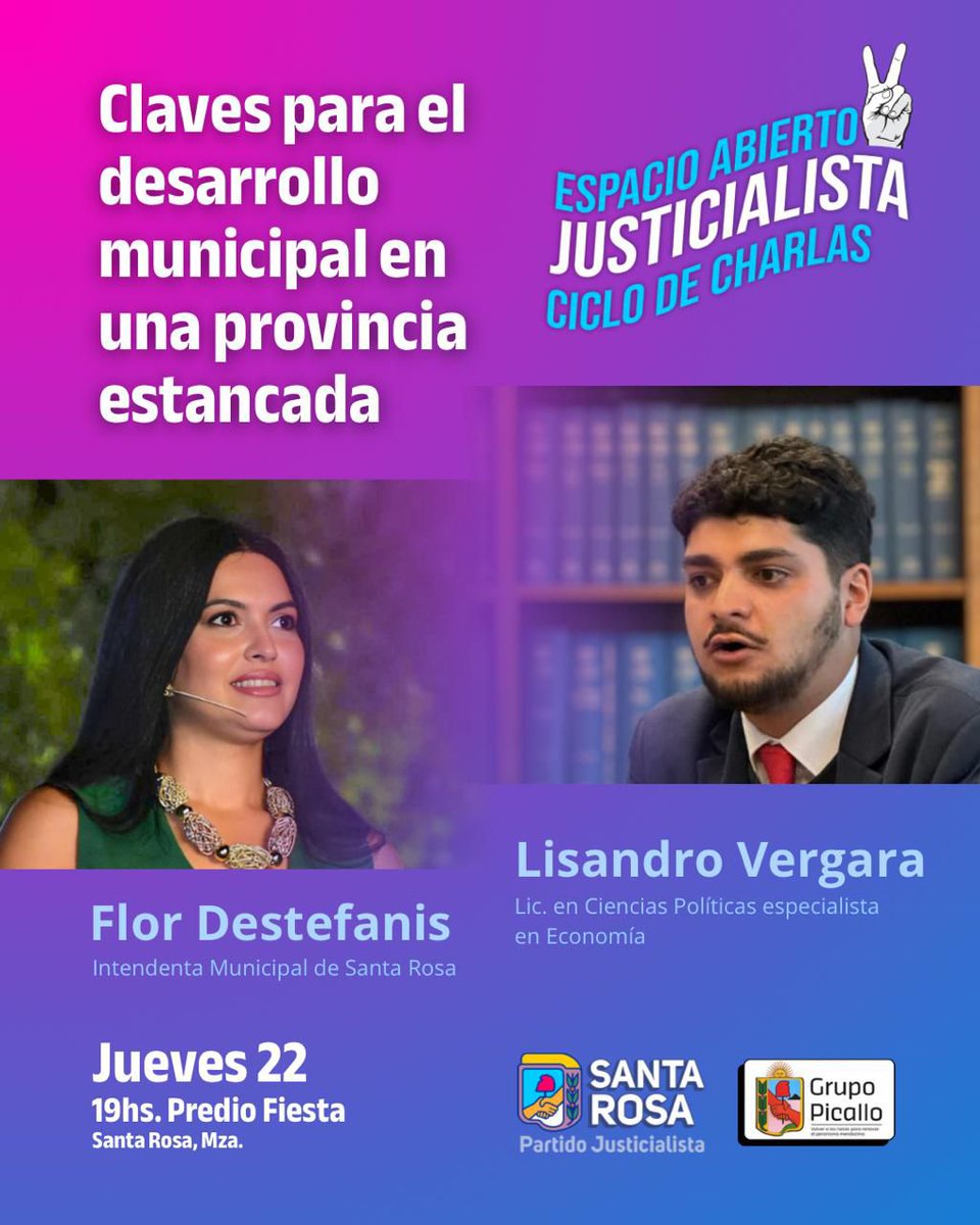 GrupoPicallo's tweet photo. 👉🏽Este jueves 22/05 estaremos junto a @MFlorDestefanis y  @VergaraAmodeo  en la charla: "Claves para el desarrollo municipal en una provincia estancada". 

📍En Predio Fiesta de Santa Rosa a las 19:00hrs.
Organiza @pjsantarosa 
Bienvenidos/as quienes quieran acercarse! https://t.co/iN7n5P6MrY