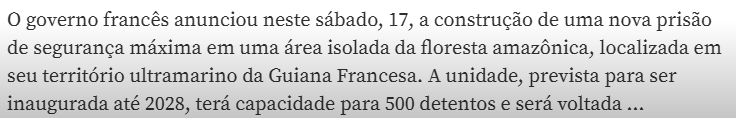 Vcs não leem a matéria e querem dar palpite... FN Bolsonarista (de novo)
Viu que o presidio será construído na GUIANA FRANCESA? Não tem relação alguma com o Brasil???