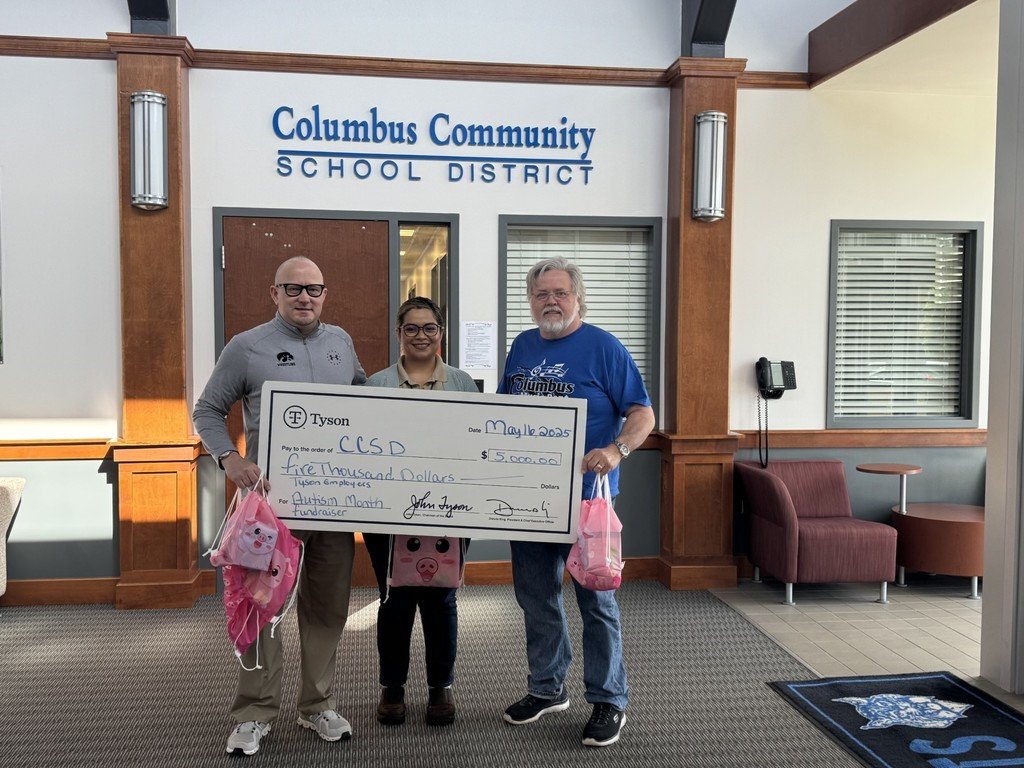 A huge thank you to Tyson employees for their generous $5,000 donation to Autism Awareness and the thoughtful sensory gift bags! Your support makes a big difference for our students at Columbus Community Schools. 💙 #AutismAwareness #ThankYouTyson