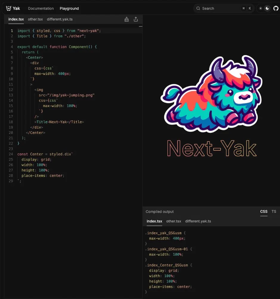 Next-Yak playground showing an editor on the left hand side, the rendered output on the right side on the upper two thirds and the transpiled CSS output on the lower third. You can see that next-yak transpiles styled-components looking code to static CSS