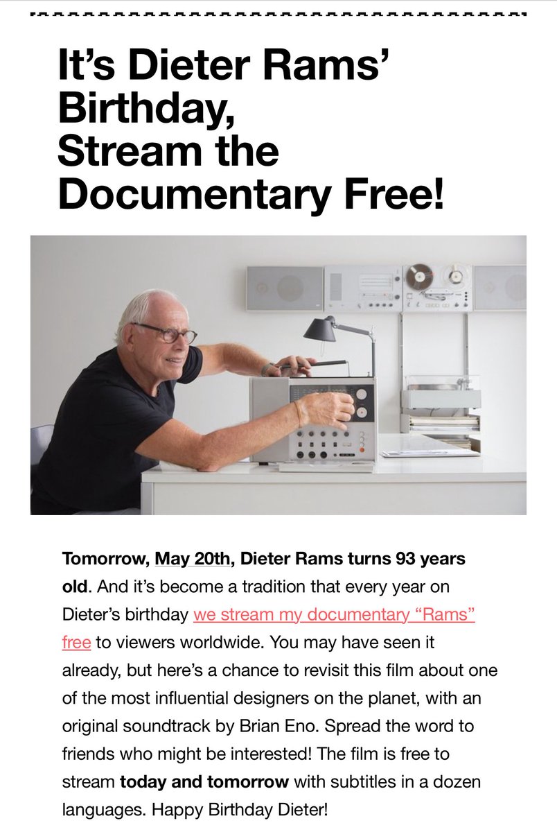 Rev. Robin Goldstein, DDiv (Comedic Science)🏳️⚧️ (@schnauzerlogic) on Twitter photo Tomorrow is Dieter Rams’ birthday. Stream <a href="/gary_hustwit/">Gary Hustwit</a>’s fantastic documentary for free.
ohyouprettythings.com/rams Tomorrow is Dieter Rams’ birthday. Stream <a href="/gary_hustwit/">Gary Hustwit</a>’s fantastic documentary for free.
ohyouprettythings.com/rams