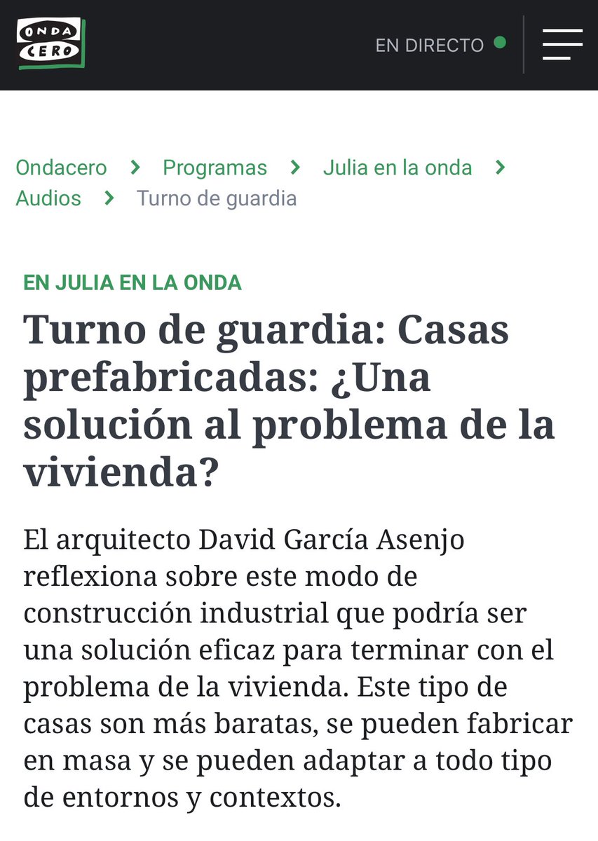 El sábado tuvimos la suerte de estar en <a href="/OndaCero_es/">Onda Cero</a> con dos grandes comunicadores, <a href="/julia_otero/">Julia Otero</a> y David García Asenjo, hablando de vivienda industrializada. 

n9.cl/ylqmci