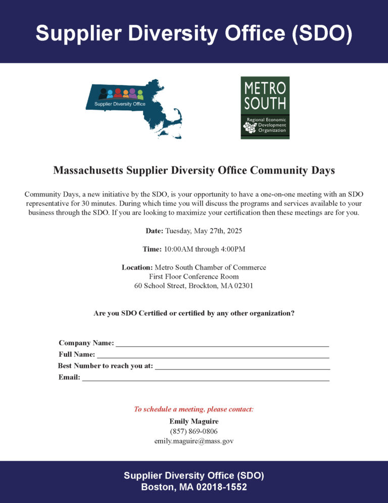 📣 Join us for SDO Community Day on May 27 at the Metro South Chamber! Meet 1-on-1 with Supplier Diversity reps, get certified, and explore state contracting opportunities.
📍 Brockton | 🕒 10AM–4PM
🔗 metrosouthchamber.com/event/massachu…

#SupplierDiversity #WhereBetterBegins