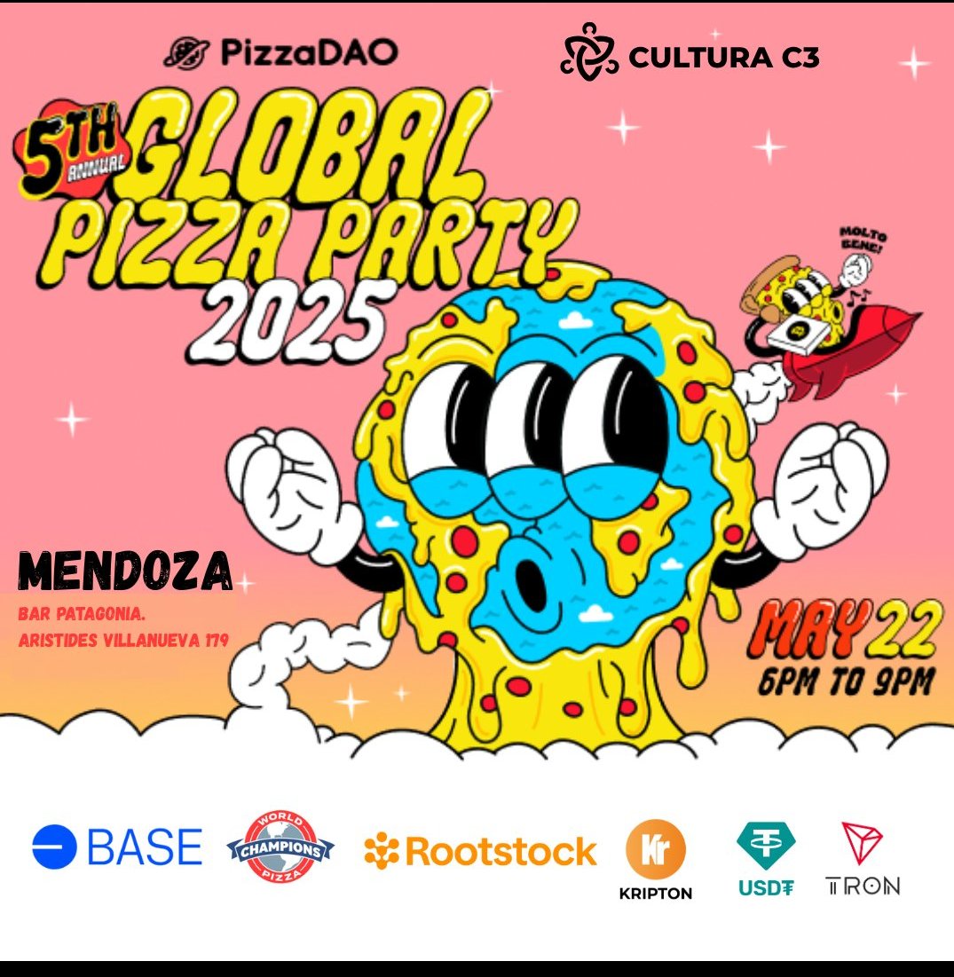 Este año, los festejos por los 15 años del Bitcoin Pizza Day🍕 se hacen en 8 ciudades:

🎉 La Plata, CABA, Córdoba, Salta, Mendoza, Gualeguaychú, Chaco y Misiones.🎉