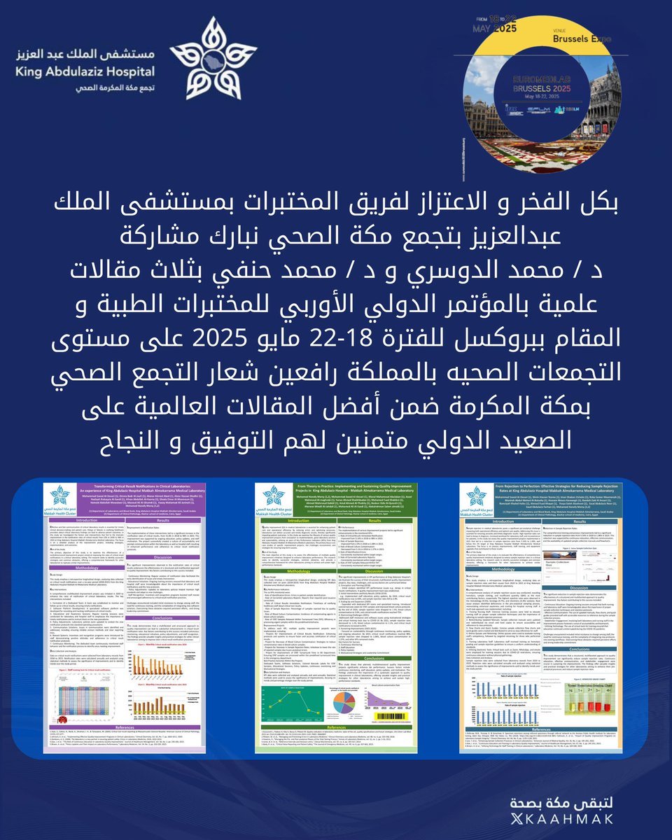 kaahmak's tweet photo. بكل فخر نبارك لفريق المختبرات بـ #مستشفى_الملك_عبدالعزيز_بمكة 
عضو
 #تجمع_مكةالمكرمة_الصحي 
مشاركتهم بثلاث مقالات علمية في المؤتمر الدولي الأوروبي للمختبرات الطبية EuroMedLab 2025 في بروكسل 🇧🇪، وتم اختيارها ضمن أفضل المقالات العالمية 👏

#EuroMedLab2025

#تجمع_مكة_المكرمة_الصحي 

#مستشفى_الملك_عبدالعزيز_بمكة
 
#لتبقى_مكة_بصحة