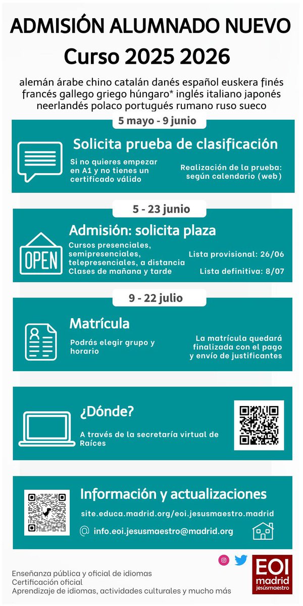 EOIjesusmaestro's tweet image. ¿Quieres estudiar uno de nuestros #idiomas 
Abierta la admisión en @EOIjesusmaestro‼️ 
🔛Cursos generales y de perfeccionamiento 
🔛Presenciales, semipresenciales, telepresenciales, híbridos y a distancia 👀👀
🔛Mañana y tarde