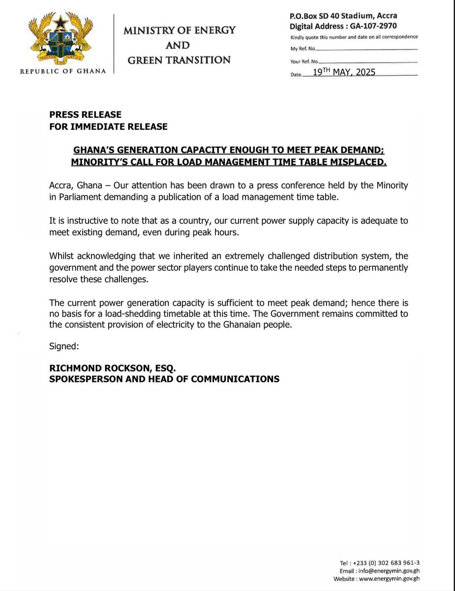 MrRockson's tweet photo. Press Release! 

Currently, our generation capacity is enough to deal with peak demand. The minority’s call for load management time table is misplaced and not backed by data. https://t.co/zhTSg2YKkw