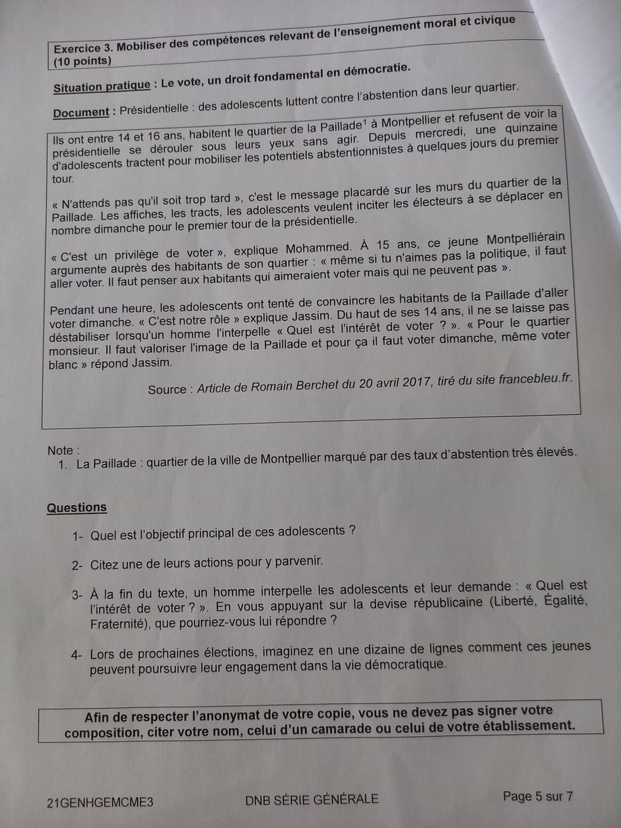 Propagande au brevet blanc des collèges ! Il y a bien longtemps que l'on sait qu'il n'est plus question de tester des connaissances...Mais de là à bourrer les crânes pour apprendre à voter blanc ou LFI dans les quartiers 😱 😳