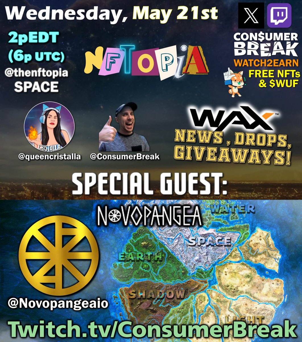 🎉Join our Wednesday X Space! 
Featuring <a href="/WAX_io/">WAX</a> news, giveaways, and SPECIAL GUEST <a href="/Novopangeaio/">Novopangea</a>! 

🗓️Wed, May 21 @ 2pET (6pUTC)
📍Set reminder: x.com/i/spaces/1ZkKz…

👋OPEN FLOOR - all creators are welcome to introduce yourself and pitch your project!