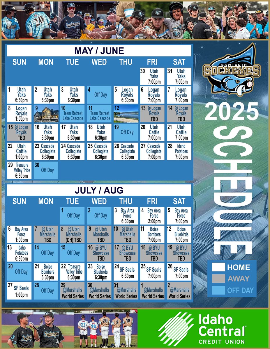 📅 The wait is over — the full Sawtooth Sockeyes 2025 schedule is HERE! Mark your calendars, rally your crew, and get ready for a summer of unforgettable baseball. ⚾🔥

#slamminsalmon #canyoncountyidaho