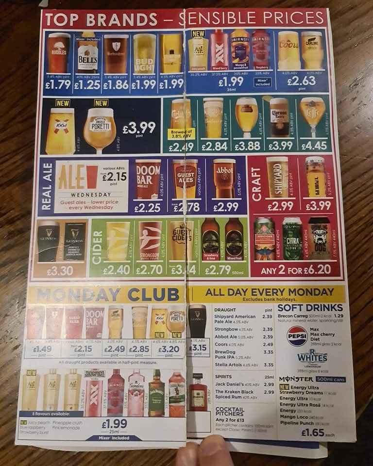 TheWiganRunner's tweet image. Spot the drink that&apos;s more expensive on a Monday (even though its on the &quot;cheaper&quot; Monday Club price list) than it is any other time of the week 😂

#MondayClub #Value #Wetherspoons