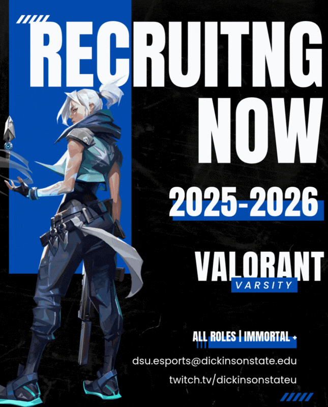 The new wave is coming, and we want you to be a part of it!

DSU Esports is recruiting for Varsity and JV Valorant for 2025-2026, with scholarships up for grabs! Want to get involved? Head to bluehawkesports.com or email the contact on screen for more! #hawksareup