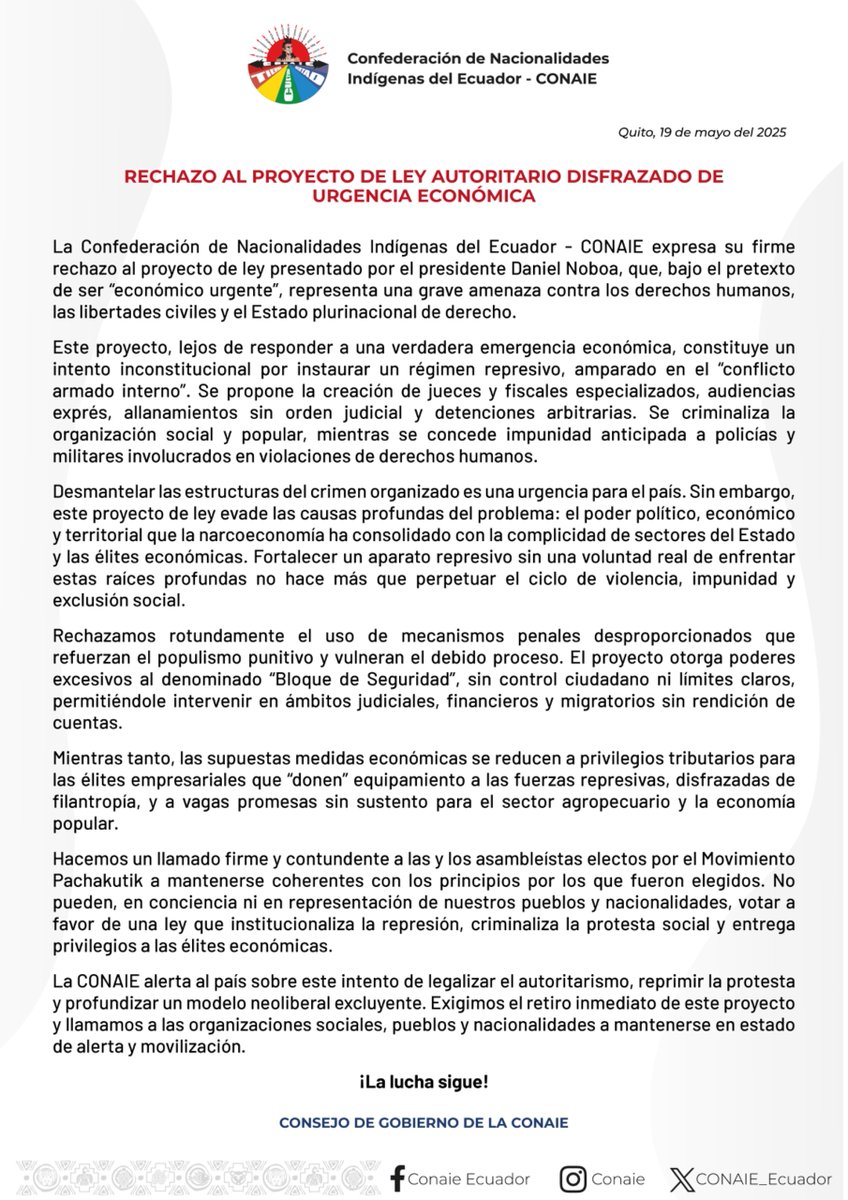 ⭕[COMUNICADO]
Sobre el rechazo al proyecto de ley presentado en la <a href="/AsambleaEcuador/">Asamblea Nacional</a> por el presidente #DanielNoboa, que, bajo el pretexto de ser “económico urgente”, representa una grave amenaza contra los derechos humanos, las libertades civiles y el Estado plurinacional de