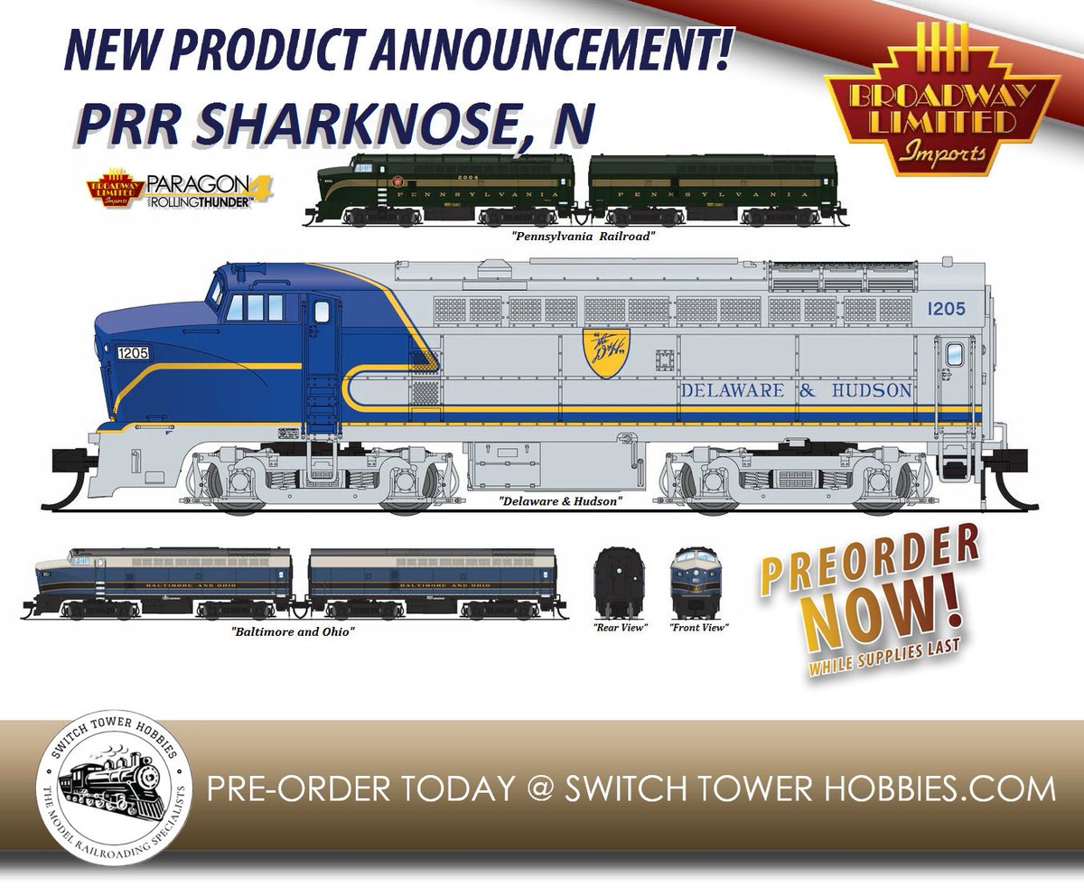 switchtowerhob1's tweet photo. Today's Product Spotlight!
Introducing the All New PPR Baldwin Sharknose's are HOT and Coming Back in N Scale by Broadway-Limited Imports in a variety paint schemes.  Pre-Order yours  Today @ https://t.co/8gpbMeWQP0 https://t.co/29pe5RDq92