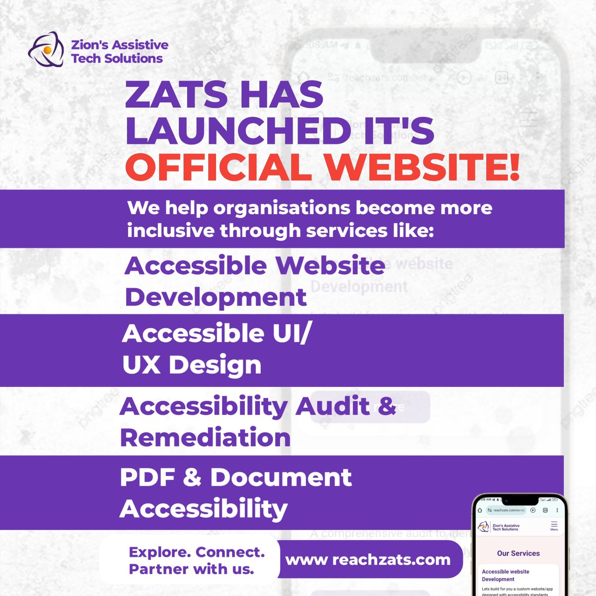 ZATSINC's tweet photo. We’re live!
Zion’s Assistive Tech Solutions is here to build a more inclusive digital world.
Our services include:
✔ Accessible Web Dev ✔ UI/UX Design ✔ Accessibility Audits ✔ PDF Remediation
Explore here https://t.co/WuXNSsCeBW https://t.co/8d3AWzYQ46