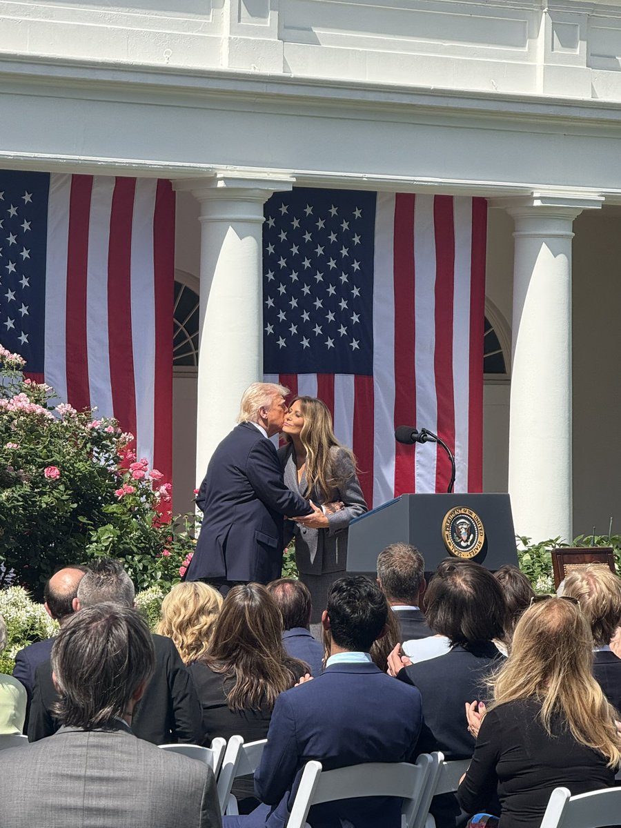 WhiteHouse's tweet image. President Donald J. Trump and First Lady Melania Trump in the Rose Garden for the signing of the Take It Down Act. 🌹🇺🇸