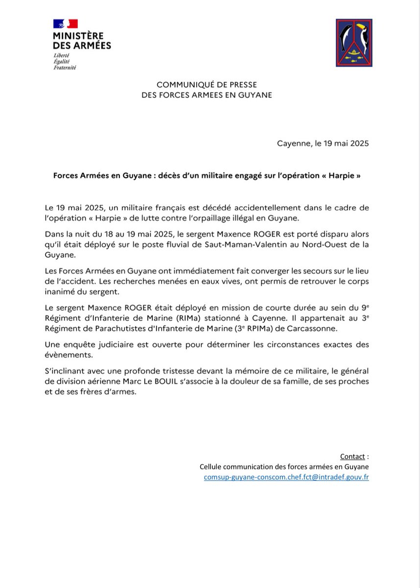 FAG_Officiel's tweet photo. Les forces armées en Guyane ont la profonde tristesse d’annoncer le décès accidentel du sergent Maxence ROGER, engagé en Guyane dans le cadre de l’opération #Harpie. Soutien et condoléances à sa famille, ses proches et ses frères d’armes. https://t.co/mhUZ7m0HGA
