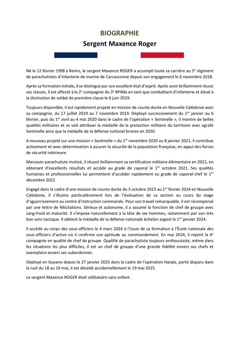 Les forces armées en Guyane ont la profonde tristesse d’annoncer le décès accidentel du sergent Maxence ROGER, engagé en Guyane dans le cadre de l’opération #Harpie. Soutien et condoléances à sa famille, ses proches et ses frères d’armes.