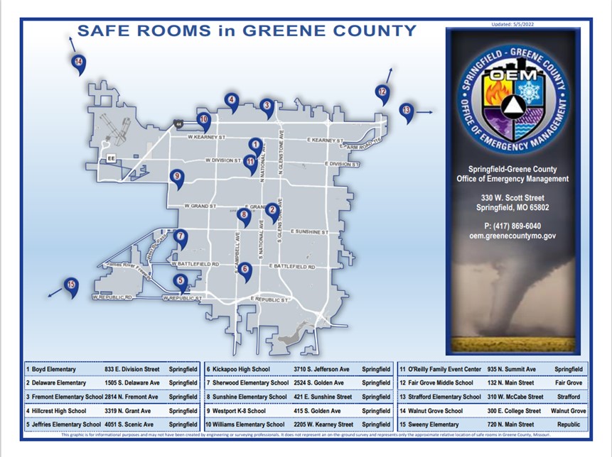 According to the US NWS Springfield, we are expecting severe weather. You may be told to seek shelter. If you don't have a shelter at home, check out the map below from the Springfield-Greene County OEM with the location of available community storm shelters. 
#CRR #WeServe
