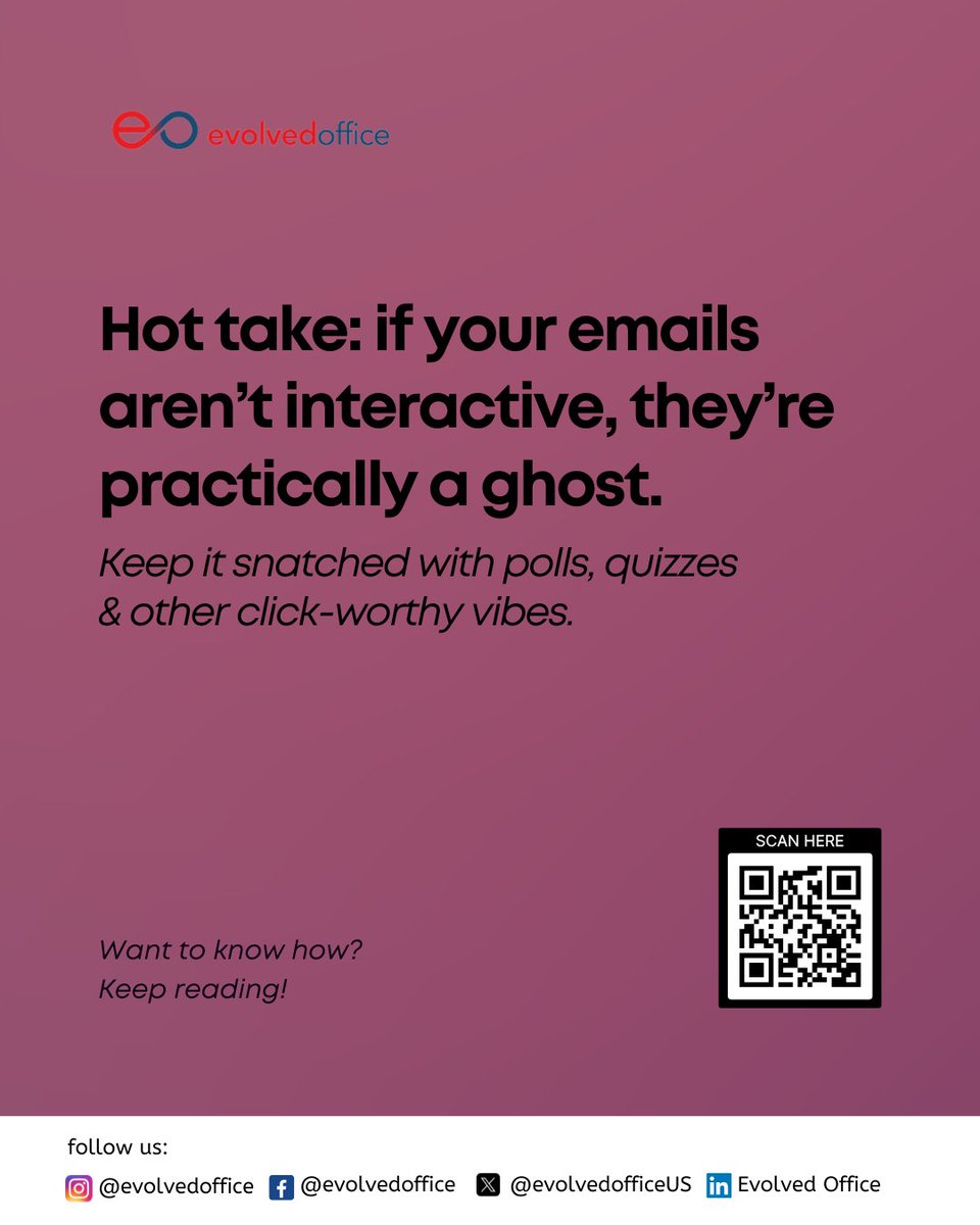 EvolvedOfficeUS's tweet image. Are your emails a snooze-fest? Babe, it’s time to stir the pot.

Interactive content like polls &amp;amp; surveys can boost click-to-open rates by 73% (that’s not a typo).

Wanna own the inbox game? Tea’s spilling here bit.ly/3ZVQtj

#EvolvedOffice #GetEvolved