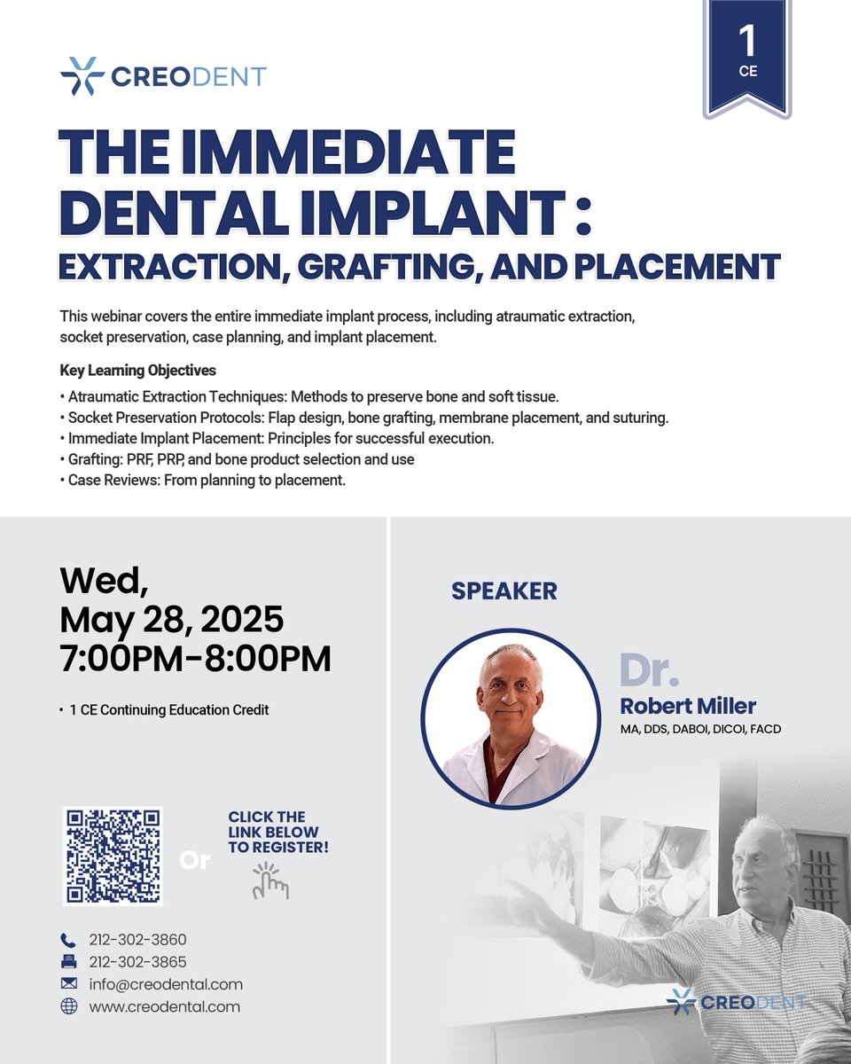creodentNY's tweet image. Webinar Alert: The Immediate Dental Implant Process 
🗓️ May 28
⏰ 7:00 - 8:00 PM

You can register here: us02web.zoom.us/webinar/regist….

#Creodent #TeamCreo #Inosys #Implant #Extraction #dentallab #nycdentistry #nyc #dentist #FutureOfDentistry #Webinar #Grafting