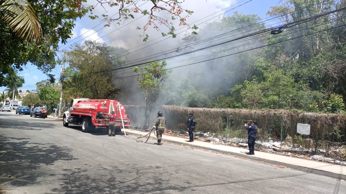 Elementos de <a href="/BomberosCancun/">Bomberos Cancun</a> y de <a href="/TransitoBJ/">Tránsito de Cancún</a>, acudieron al reporte de un incendio en un área verde sobre la Av. Tules entre Av. Kabah. 🚒👨🏻‍🚒

Nuestros cuerpos de emergencias ya se encuentra laborando en el área. Tomen sus precauciones al manejar por la zona.